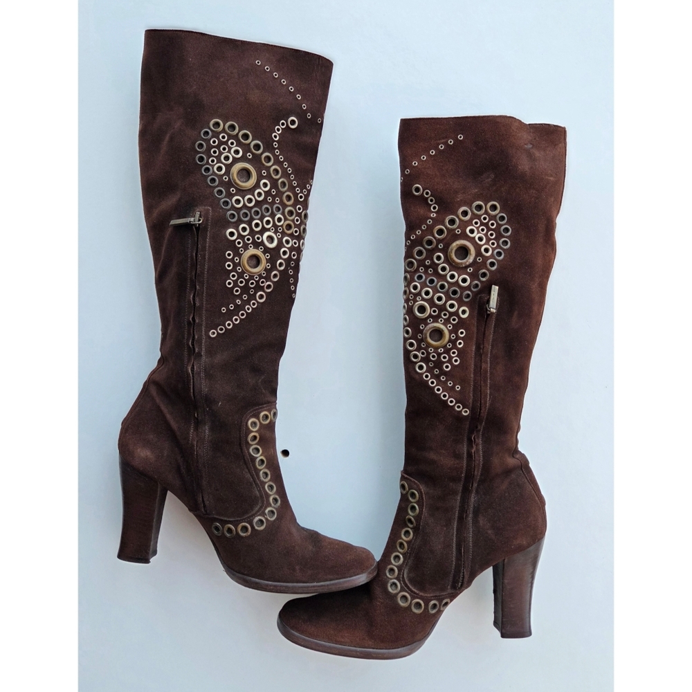 Dolce & Gabbana Brown Suede Butterfly Rivet Heeled Boots Size 39 - Picture 2 of 16